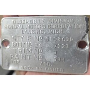 1951 Oldsmobile 98 Vehicle Identification Data Plate